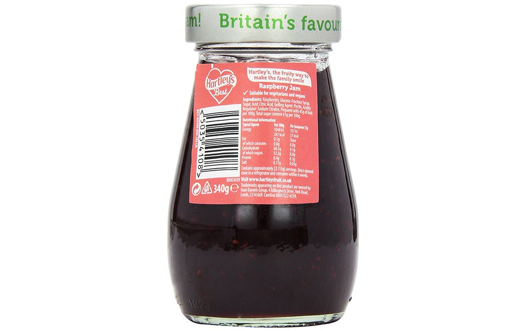 Hartley's Best Raspberry Jam    Glass Jar  340 grams